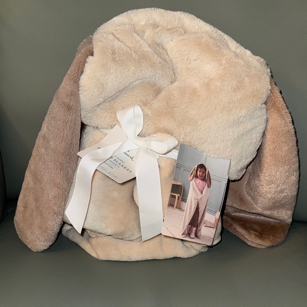 Blanket with bunny, ear hood, and pockets